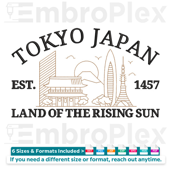 Tokyo Japan Embroidery Design File main image - This embroidery designs files featuring Tokyo Japan from Cities and Countries. Digital download in DST & PES for