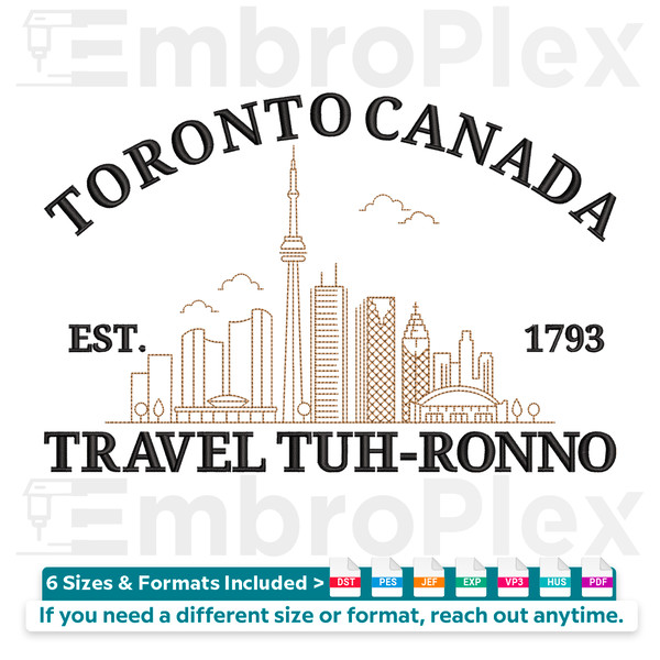 Toronto Canada Embroidery Design File main image - This embroidery designs files featuring Toronto Canada from Cities and Countries. Digital download in DST & P