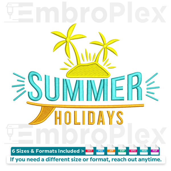 Summer Holidays Embroidery Design File main image - This embroidery designs files featuring Summer Holidays from Summer. Digital download in DST & PES formats. 
