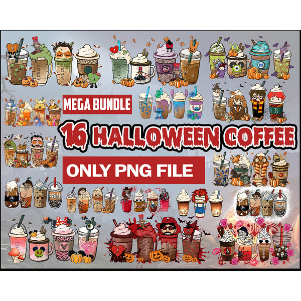 16 Halloween Coffee Png Bundle, Halloween Boo Coffee Png, Villains Latte, Fall latte png, Horror Movie Inspired Coffee, Sublimation design Png Instant Download.