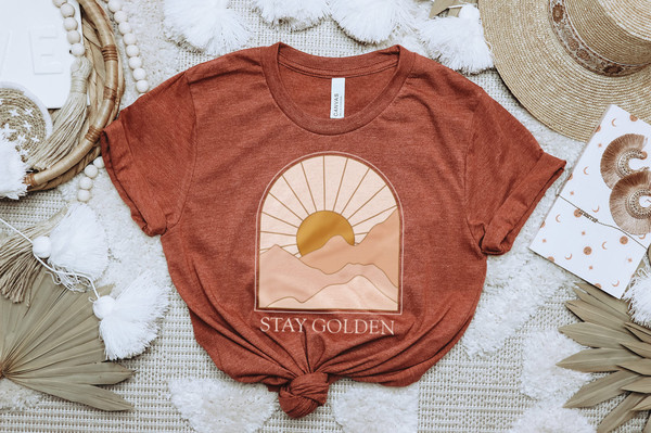 Stay Golden Boho Graphic T-shirt for Women  Minimalist, Neutral Landscape, Adventure, Sun  Abstract Mountain and Sun  70s Retro - 1.jpg