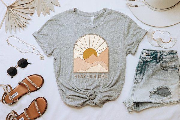 Stay Golden Boho Graphic T-shirt for Women  Minimalist, Neutral Landscape, Adventure, Sun  Abstract Mountain and Sun  70s Retro - 5.jpg