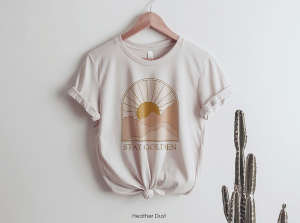 Stay Golden Boho Graphic T-shirt for Women  Minimalist, Neutral Landscape, Adventure, Sun  Abstract Mountain and Sun  70s Retro - 1.jpg