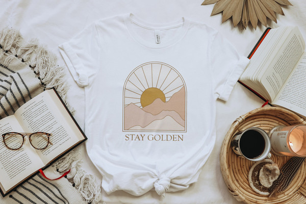 Stay Golden Boho Graphic T-shirt for Women  Minimalist, Neutral Landscape, Adventure, Sun  Abstract Mountain and Sun  70s Retro - 2.jpg
