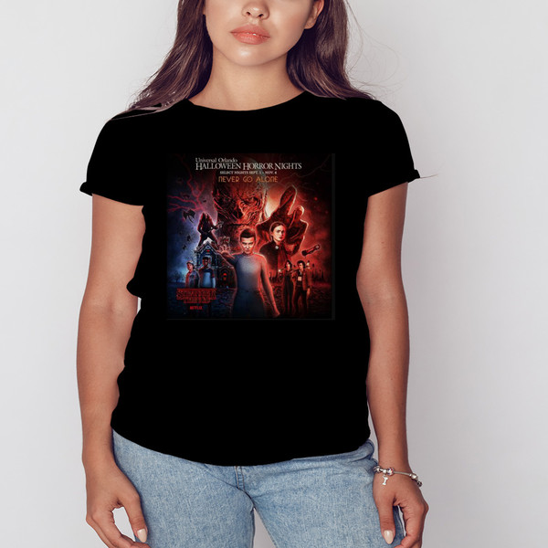 Universal Studios Halloween Horror Nights Never Go Alone Stranger Things Netflix Shirt, Shirt For Men Women, Graphic Design