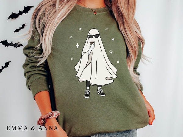 Halloween Sweatshirt, Ghost Sweatshirt, Ghost Drinking Coffee Shirt, Fall Sweatshirt, Ghost Shirt, Halloween Crewneck, Halloween Sweater - 1.jpg