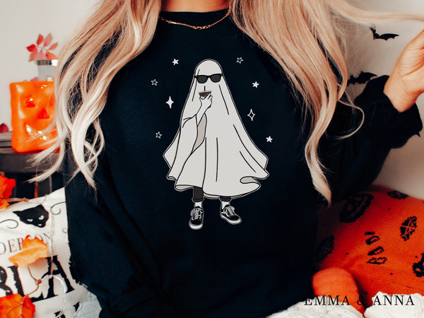 Halloween Sweatshirt, Ghost Sweatshirt, Ghost Drinking Coffee Shirt, Fall Sweatshirt, Ghost Shirt, Halloween Crewneck, Halloween Sweater - 2.jpg