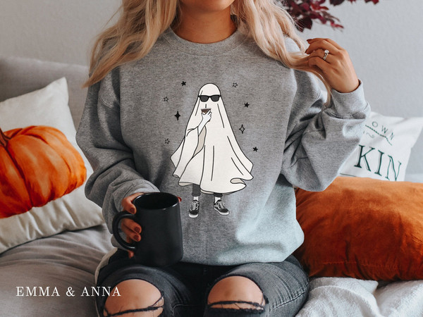 Halloween Sweatshirt, Ghost Sweatshirt, Ghost Drinking Coffee Shirt, Fall Sweatshirt, Ghost Shirt, Halloween Crewneck, Halloween Sweater - 3.jpg