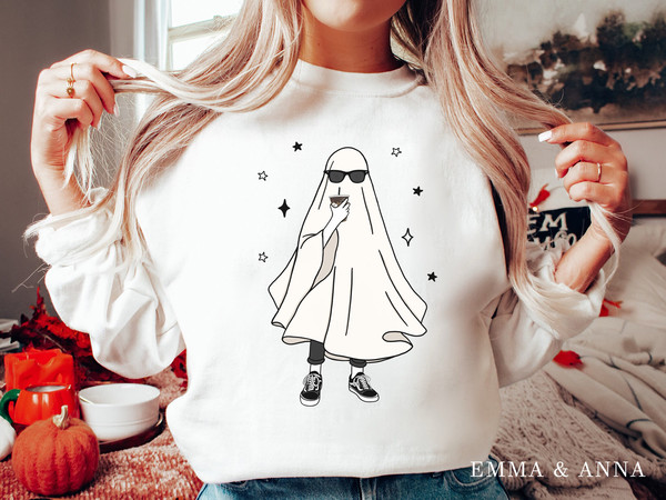 Halloween Sweatshirt, Ghost Sweatshirt, Ghost Drinking Coffee Shirt, Fall Sweatshirt, Ghost Shirt, Halloween Crewneck, Halloween Sweater - 4.jpg