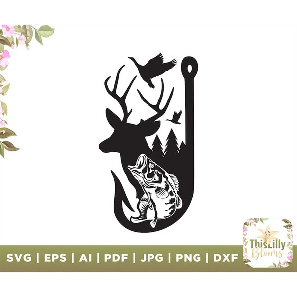 Hunting and Fishing Logo Graphic With a Deer, Fish and a Duck