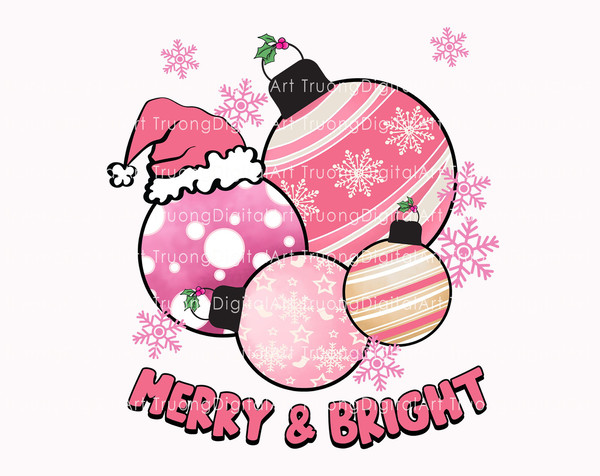 Merry & Bright Png, Pink Christmas Ball Png, Santa Hat Png, Happy Holiday, Pink Christmas Png, Pink Christmas Sublimation, Christmas Shirt - 1.jpg