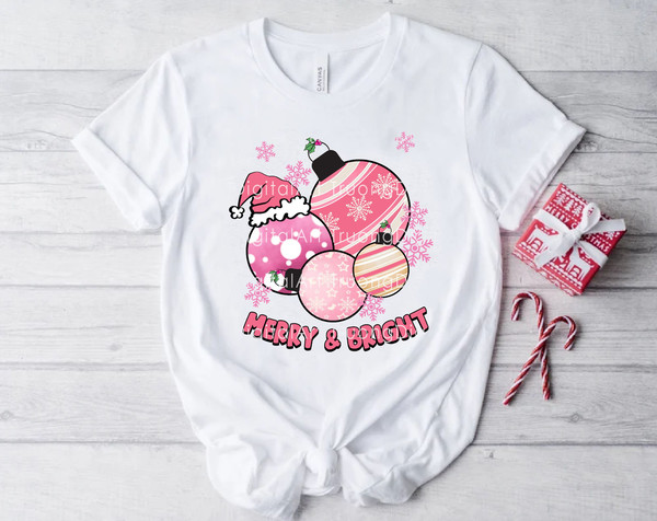 Merry & Bright Png, Pink Christmas Ball Png, Santa Hat Png, Happy Holiday, Pink Christmas Png, Pink Christmas Sublimation, Christmas Shirt - 2.jpg