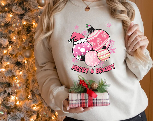 Merry & Bright Png, Pink Christmas Ball Png, Santa Hat Png, Happy Holiday, Pink Christmas Png, Pink Christmas Sublimation, Christmas Shirt - 3.jpg