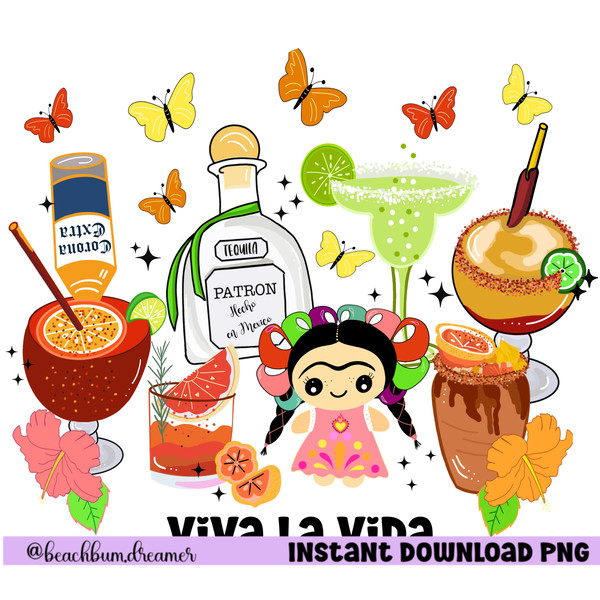 Frida, Mexican doll, margarita, Paloma, tequila, butterflies, Michelada PNG, 12x12 image, digital downloadable file - 1.jpg