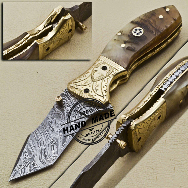 Full Damascus Folding Knife Custom Handmade Damascus Steel