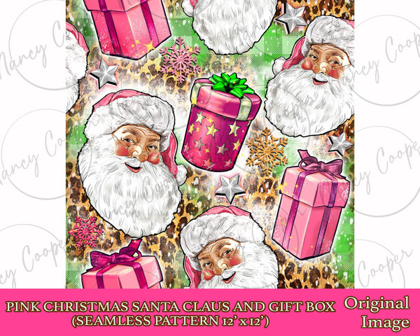 Pink Christmas Santa Claus and gift box seamless pattern digital paper, digital seamless pattern png, printable scrapbook paper - 2.jpg