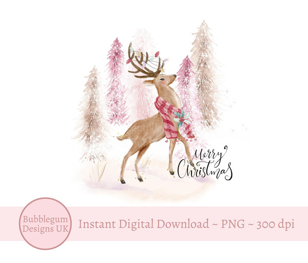 Winter Stag Pink Christmas PNG, Forest Sublimation Design, Pink Gold Christmas Card Design, Santa Sack Design, Instant Digital Download - 1.jpg