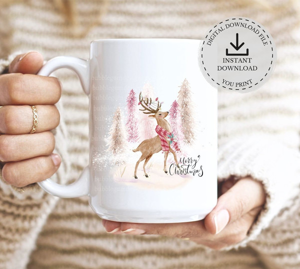 Winter Stag Pink Christmas PNG, Forest Sublimation Design, Pink Gold Christmas Card Design, Santa Sack Design, Instant Digital Download - 2.jpg