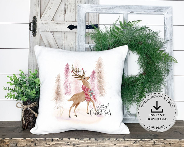 Winter Stag Pink Christmas PNG, Forest Sublimation Design, Pink Gold Christmas Card Design, Santa Sack Design, Instant Digital Download - 3.jpg
