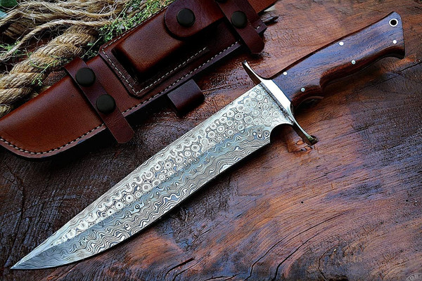 Handmade Damascus Hunting Bowie Knife Wood Handle & Leather - Inspire Uplift