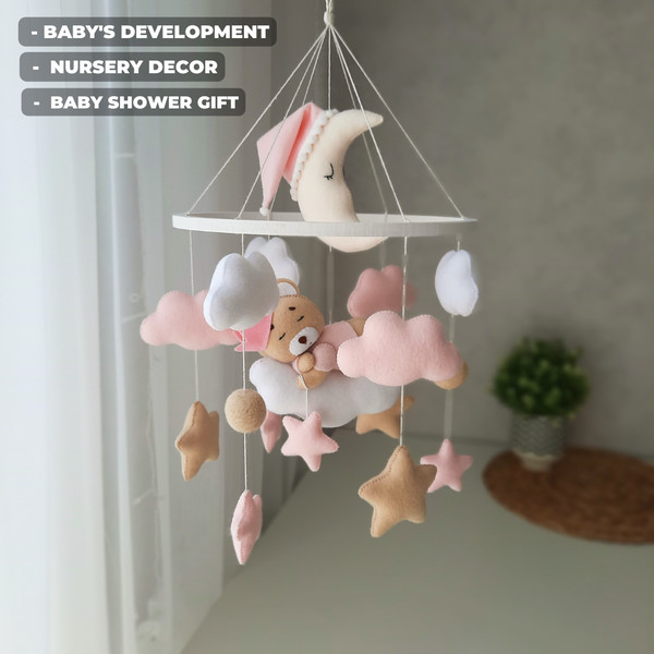 Baby Mobile with Teddy Bear, Pink Beige Nursery Mobile, Crib mobile, Girl Nursery Decor, Baby Shower Gift.png