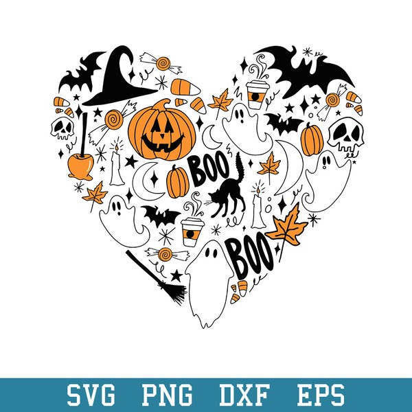 Halloween Doodle Heart Collage I Love Halloween Svg, Halloween Svg, Png Dxf Eps Digital File.jpeg