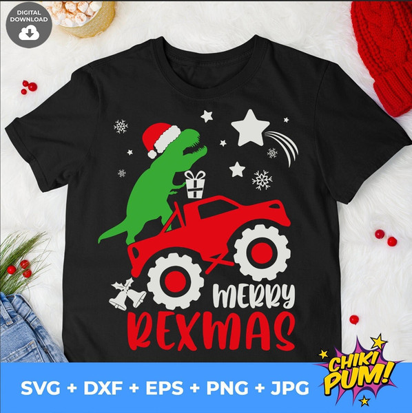 Merry Rexmas SVG, T-Rex Christmas SVG, Monster Truck svg, Dinosaur Christmas SVG, Digital cut files - 1.jpg