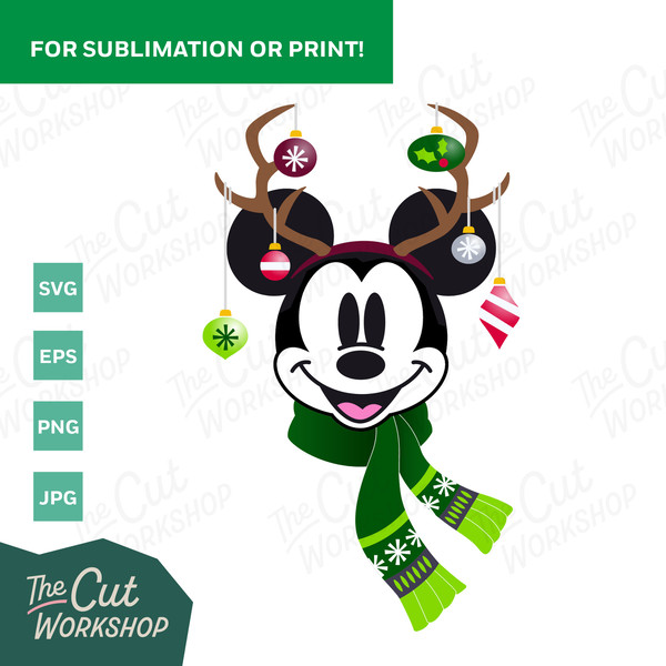 Holiday Antlers Mickey Minnie Mouse Ears Christmas Ornaments  SVG Clipart Images Digital Download SUBLIMATION PRINT File Png Dxf Jpg - 3.jpg