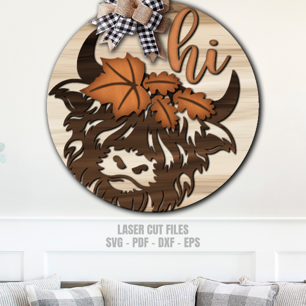 Fall Sign SVG - Highland Cow Door Hanger SVG - Laser Cut Files - Cow Head SVG - Fall SVG - Glowforge Files