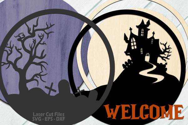 Halloween Sign SVG - Haunted House Door Hanger SVG - Laser Cut Files - Halloween SVG - Spooky Svg - Welcome Sign Svg - Front Door Sign - Round Wood Sign - Hallo