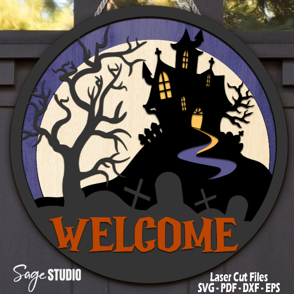 Haunted House Door Hanger SVG - Laser Cut Files - Halloween SVG - Spooky Svg - Welcome Sign Svg - Front Door Sign - Round Wood Sign - Halloween Sign SVG - Glowf