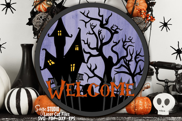 Halloween Door Sign SVG - Laser Cut Files - Halloween SVG - Spooky SVG - Haunted House Svg - Welcome Sign Svg - Front Door Sign - Round Wood Sign - Glowforge Fi