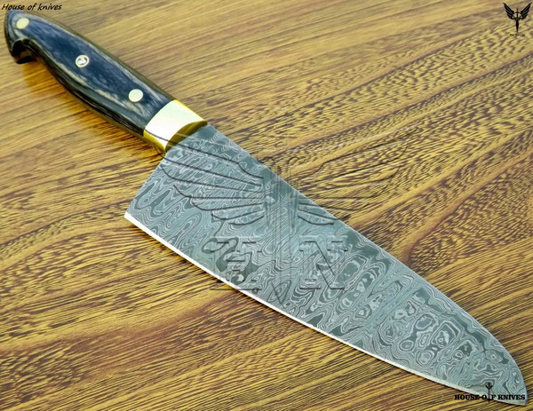 Handmade Chef Knife Santoku Damascus Olive Wood & Dark wood Handle with  Leather Sheath – White Hills Knives