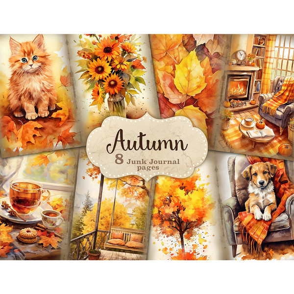 Autumn Junk Journal Paper. Cute Autumn cat in autumn foliage. Sunflowers in a vase with water. Cozy room with a fireplace, an armchair and a blanket. Swing on t