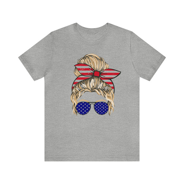 All American Girl Blonde Graphic Tee 4th of July Mom Messy Bun Tshirt Independence Women's Freedom Shirt USA Flag Red White Blue Live Free - 5.jpg