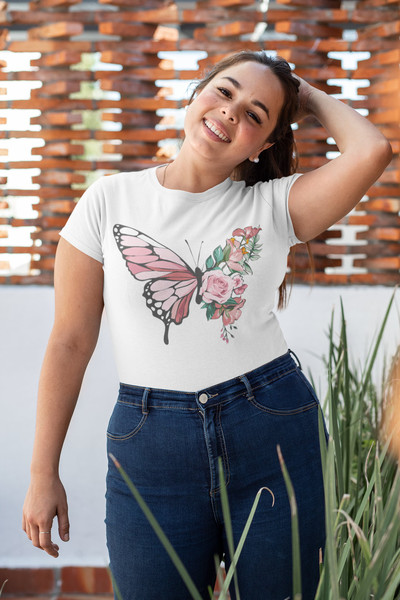 Butterfly Flower T-Shirt for Her Floral Tee Pastel Garden Tshirt Feminine Artsy Design Nature Lover Shirt Pink Floral Graphic Tee Live Free - 1.jpg
