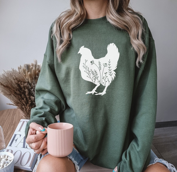 Wildflower Chicken Sweatshirt for Chicken Lady Hoodie Floral Chicken Farm Life Gift for Chicken Lover Flower Chicken Sweatshirt Barn Animals - 1.jpg