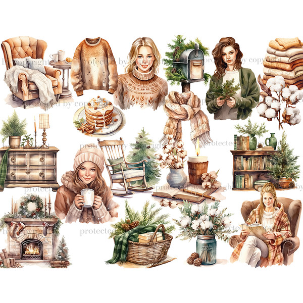 Cozy Winter White Clipart. Girls in cozy winter clothes with coffee, a book and a spruce branch in their hands. Cozy armchair. Bookcase with books. Warm winter