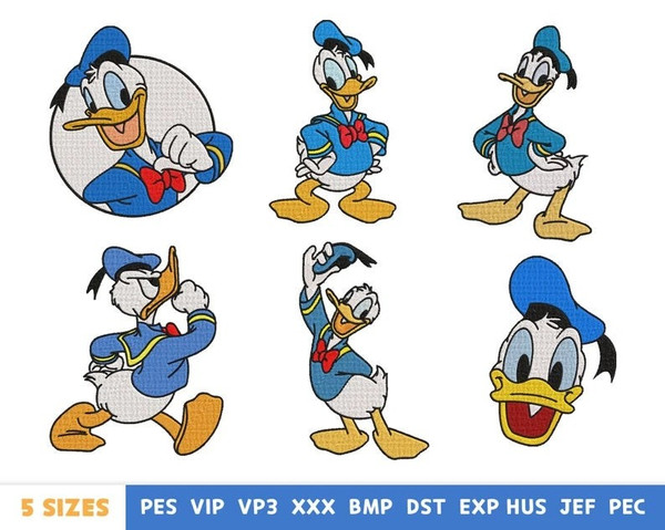 6 ducks embroidery design - machine embroidery design files - Donald duck cartoon embroidery - 10 formats, 5 sizes.jpg