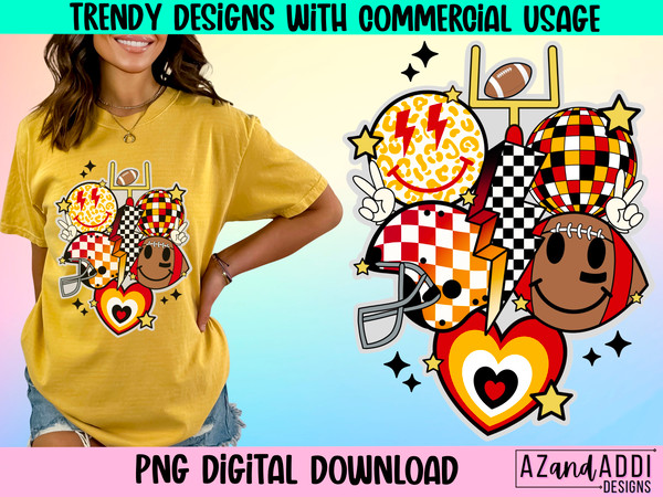 Retro football smiley face png, football sublimation design, red and yellow football png, football vibes png, game day png, digital download - 1.jpg