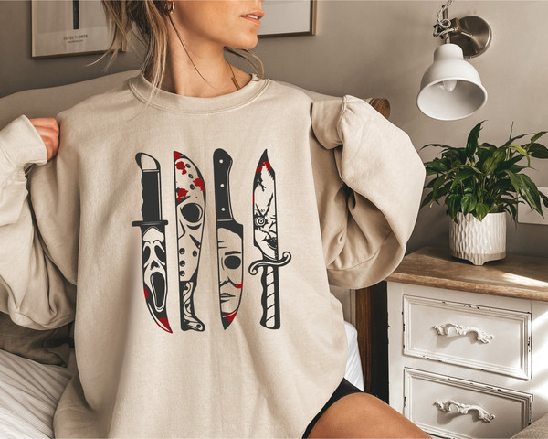 Horror Movie Characters Knives Halloween Sweatshirt, Serial Killer Spooky Season Scary Halloween Horror Shirts, Spooky Vibes Cute Fall Tee - 1.jpg