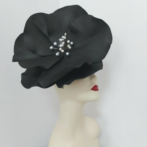 Large poppy Black fascinator Church hat Gothic Halloween hat.jpg