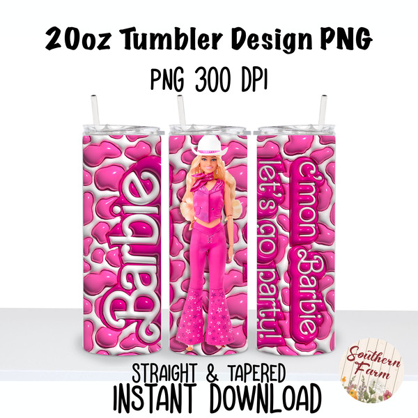 Barbie Pink Cow Print, Let's Go Party 20oz  Skinny Tumbler Sublimation Wrap PNG, Waterslide, UV DTF,  Digital Instant Download