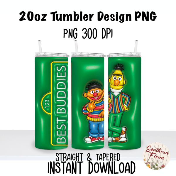 Sesame Street Best Buddies 20oz Skinny Tumbler Sublimation Wrap PNG, Waterslide, UV DTF,  Digital Instant Download