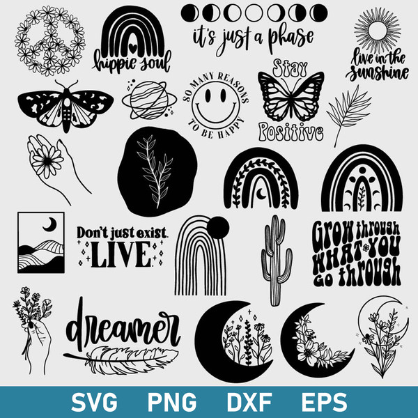 Hippie Svg, Boho Svg, Floral Moon, Rainbow SVg, Flower Piece Svg, Floral Svg, Png Dxf Eps File.jpeg