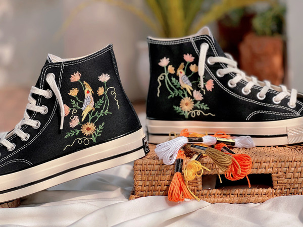 Embroidered Converse Chuck Taylors 1970sConverse Flower And PetCustom Converse Bird And Flower GardenEmbroidered Converse GerberaGifts - 1.jpg