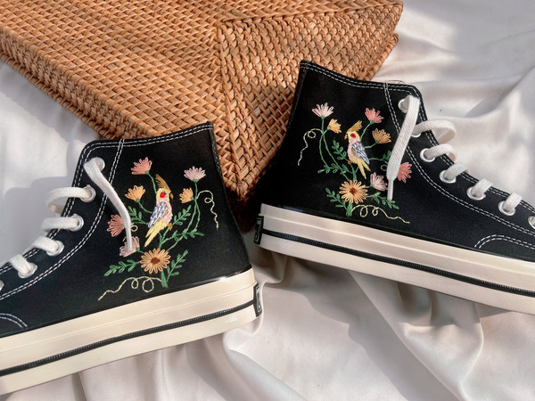 Embroidered Converse Chuck Taylors 1970sConverse Flower And PetCustom Converse Bird And Flower GardenEmbroidered Converse GerberaGifts - 2.jpg