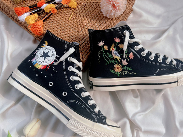 Embroidered Converse Chuck Taylors 1970sConverse Flower And PetCustom Converse Bird And Flower GardenEmbroidered Converse GerberaGifts - 3.jpg