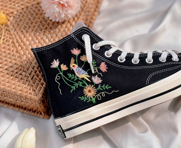 Embroidered Converse Chuck Taylors 1970sConverse Flower And PetCustom Converse Bird And Flower GardenEmbroidered Converse GerberaGifts - 5.jpg