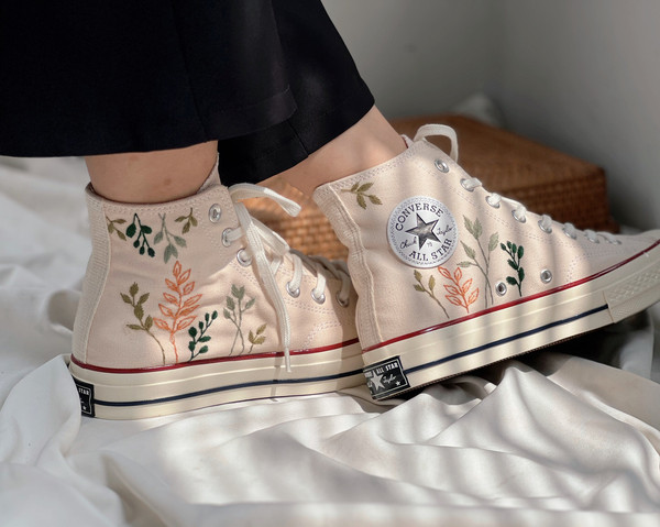 Embroidered Converse Chuck Taylors 1970sCustom Converse High TopsCustom Converse Green Tree LeavesCustom Logo LeavesGift For Her - 6.jpg